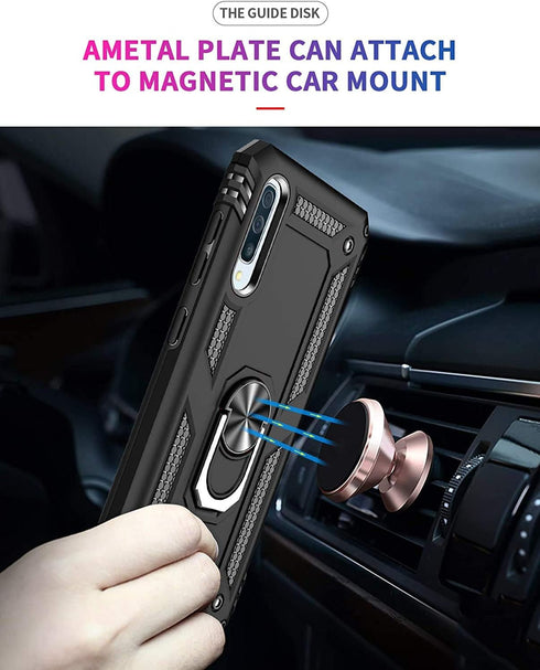 TJS Compatible with Samsung Galaxy A50 2019 Case, with Tempered Glass Screen Protector Metal Ring Magnetic Support Kickstand Heavy Duty Drop Prote...
