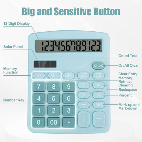 Desktop Calculator, Light Blue Calculator Big Buttons, 12-Digits Large LCD Display, Solar and AA Battery Dual Power, Desk Calculator for Office Ho...