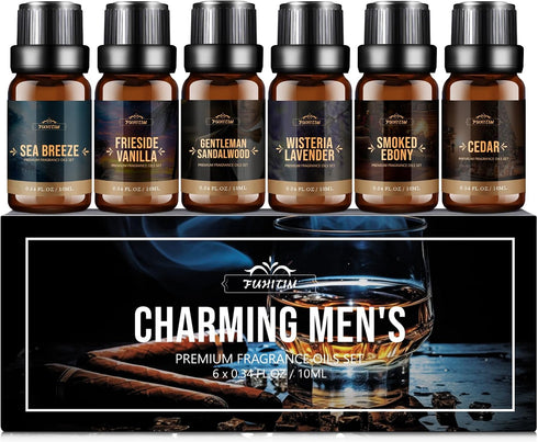 Fragrance Oil, Charming Men's Set Diffuser Oil for Home, Soap & Candle Making Scents, Aromatherapy Essential Oils -Sea Breeze, Fireside Vanilla, C...