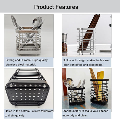 Cutlery Drainer, Stainless Steel Utensil Holder Sink Caddy, Rust Proof Sink Tidy Kitchen Sink Organiser, Cutlery Holder for Kitchen Counter (Black...