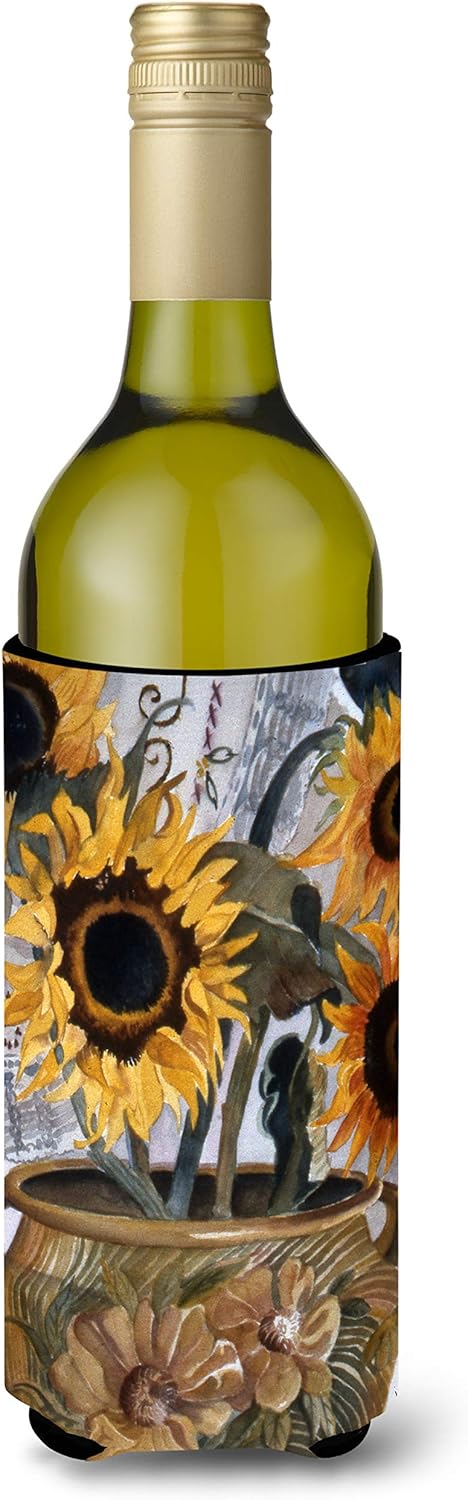 Caroline's Treasures JMK1202LITERK Pot of Sunflowers Wine Bottle Hugger Bottle Cooler Sleeve Hugger Machine Washable Collapsible Insulator Beverag...