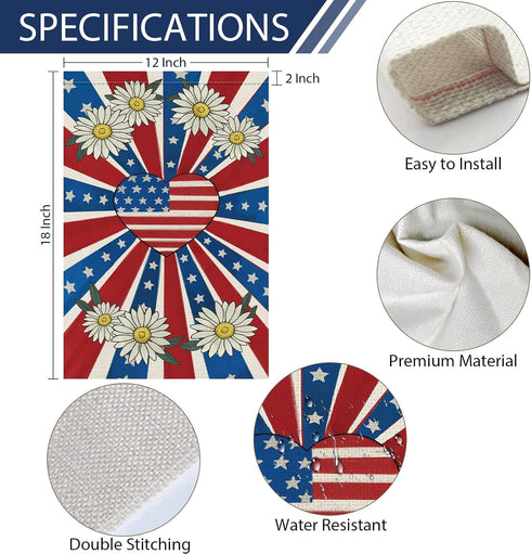 4th of July Garden Flag 12x18 Double Sided Burlap, Patriotic Memorial Day Heart USA Flag Spring Summer Daisy Garden Flags for Memorial Day Indepen...