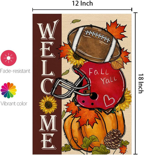 CROWNED BEAUTY Fall Welcome Garden Flag 12x18 Inch Double Sided for Outside, Burlap Small Seasonal Autumn Football Pumpkin Yard Decoration...