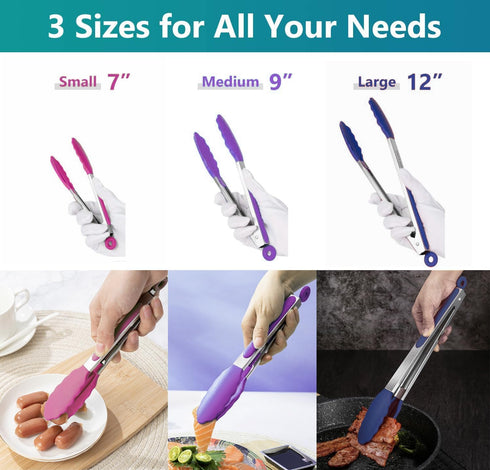 Kitchen Tongs Set of 3, Cooking Tongs with Silicone Tips, Stainless Steel Serving Tongs, Non-Scratch Heat Resistant Tongs for Grilling Cooking BBQ...