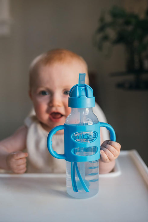 Dr. Brown's Milestones Narrow Sippy Straw Bottle, Spill-Proof with 100% Silicone Handles and Weighted Straw, 8 oz/250 mL, Blue, 6m+...