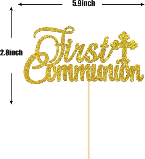 Gold Glitter First Communion Cake Topper - First Communion Cake Decoration for Kids - God Bless Cake Topper...