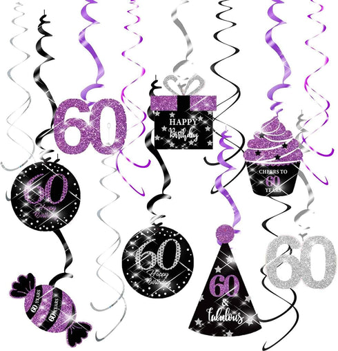 60th Birthday Decorations for Women Purple Black Silver 60th Birthday Party Decorations Hanging Swirls Ceiling– Women...