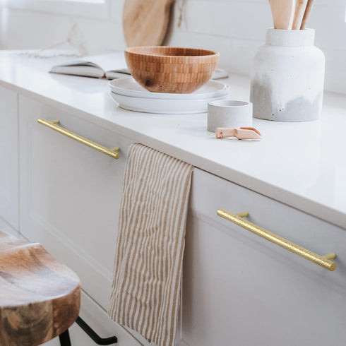 2-Pack Solid Brass Kitchen Cabinet Pulls, Gold Modern T-Bar Handles, 3-3/4-Inch Hole Center Hammered Handles for Dresser Drawer Cupboard, 5-9/16 I...