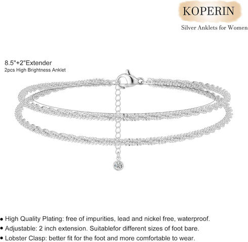 Ankle Bracelets for Women?Silver Layered Glitter Waterproof Anklet for Women 14K Gold Plated Anklets Sterling Silver Layered Moon Pendant Anklet S...