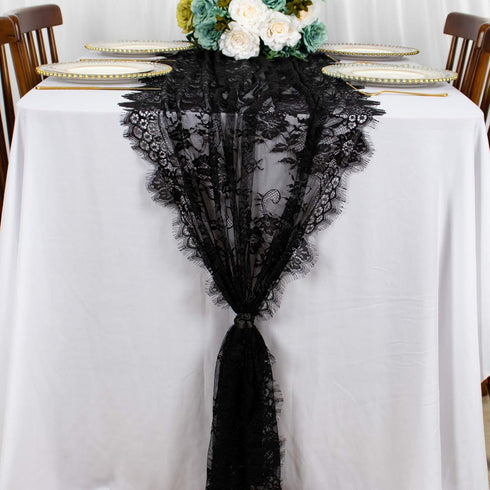 ShinyBeauty Lace Table Runner Black 30x120 Inch Vintage Floral Lace Table Cloth Runner Embroidered Lace Fabric Black Table Runners for Weddings Th...