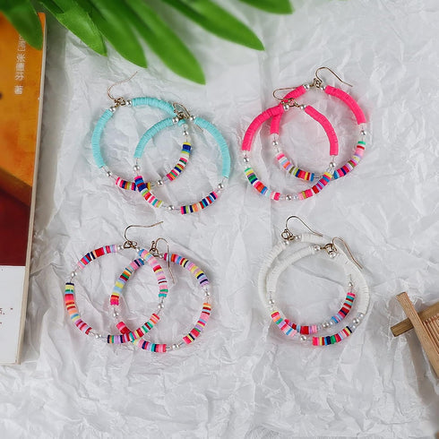 4pairs Boho Surfer Heishi Beaded Round Drop Dangle Earrings Set African Vinyl Disc Colorful Hoop Summer Lightweight Handmade Bohemian Beach Jewelr...