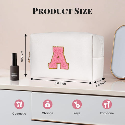 Preppy Makeup Bag, Cute Initial Cosmetic Bag Personalized Travel Makeup Pouch with Chenille Letters, Portable Waterproof PU Leather Zipper Toiletr...