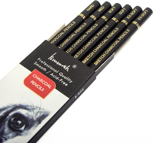 Professional Charcoal Pencils Drawing Set - 6 Pieces Soft Medium and Hard Charcoal Pencils for Drawing, Sketching, Shading...