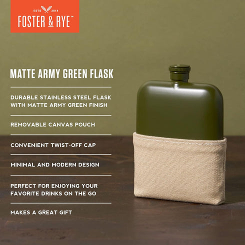 Foster & Rye Flask Whiskey Men-Stainless Steel Alcohol Matte Army Green with Canvas Wrap-6oz Set of 1, 6oz...