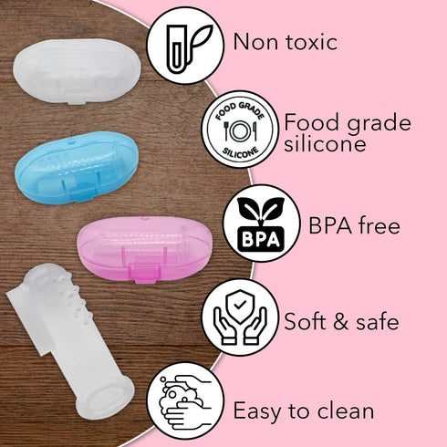 Baby Finger Toothbrush (Set of 3) - Silicone Baby Toothbrush with 3 Cases in Blue, Pink & Clear- Toddler Training Toothbrush - Newborn Oral Massag...