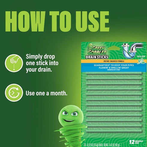 Green Gobbler Drain Cleaner & Deodorizer FRESH SCENT Sticks for Toilet Tanks, Sinks, Bathtub Drains, Washing Machine Drains and Garbage Disposals ...