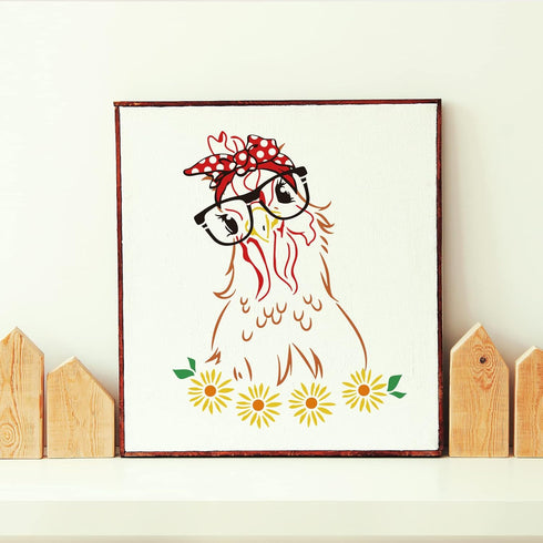 FINGERINSPIRE Chicken Lady Painting Stencil 11.8x11.8 inch Hollow Out Rooster Pattern Drawing Stencil Reusable Bow Tie Eyeglass Frame Flower Craft...