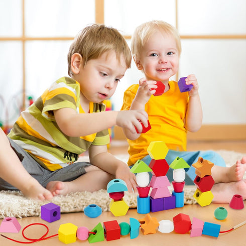 Montessori Wooden Lacing Beads Toys for 2 3 4 Year Old Toddler Kids, Sequencing & Stacking Block Toy with Storage Box, STEM Preschool Learning Toy...