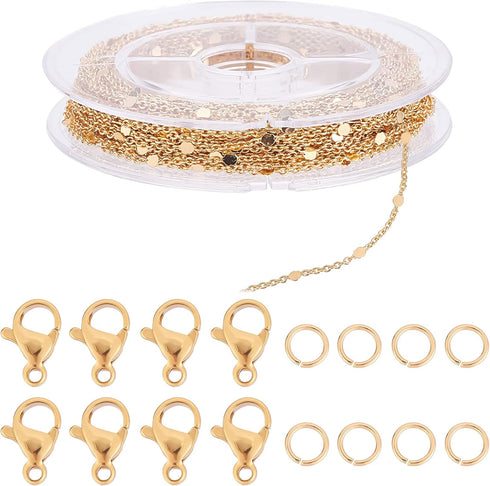 Beebeecraft 32.8 Feet 18K Gold Plated Chains for Jewelry Making Flat Round Link Cable Chain with 20 Lobster Claw Clasps and 50 Jump Rings...