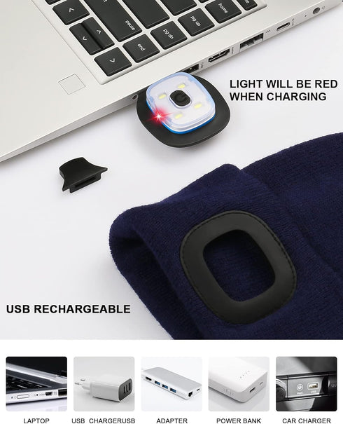MELASA Unisex Kids LED Beanie, USB Rechargeable Hands Free Headlamp Hat, Night Flashlight Hat, Gifts for Kids Boys Black...