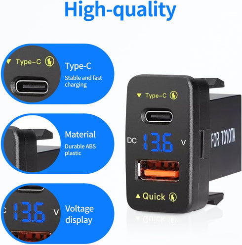 Car Charger Dual 18W USB PD+QC3.0 Fast Charge for Toyota, Type C USB Car Power Socket with LED Voltmeter Display, Compatible with 12/24V Cars(1.6 ...