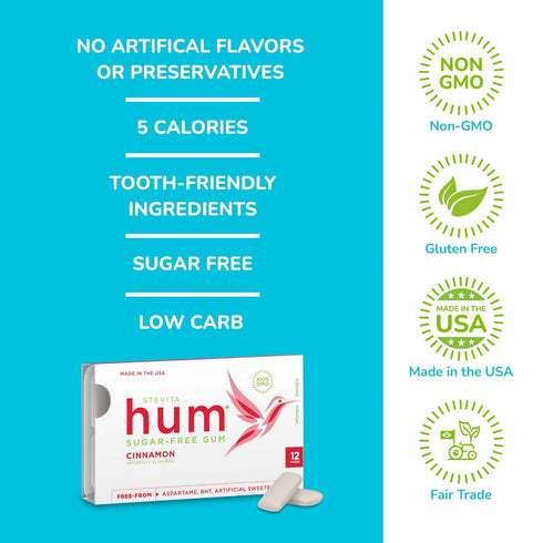 Stevita Hum, Cinnamon - Sugar-Free Gum - 12 Pieces, Pack of 12 - Supports Oral Health -, Non-GMO, Vegetarian, Keto, Gluten Free - 72 Total Serving...