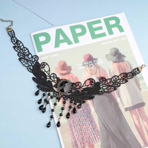 Boho Lace Chain Necklace Black Fringe Crystal Necklace Choker Gothic Drape Crystal Lace Choker Necklace Vintage Cz Waterdrop Necklace Chain Jewelr...