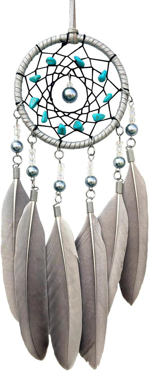 Small Dream Catchers for Cars Rear View Mirror, Handmade Car Charm Pendant Gray Feather and Turquoise Dream Catcher for Car Wall Bedroom Hanging D...