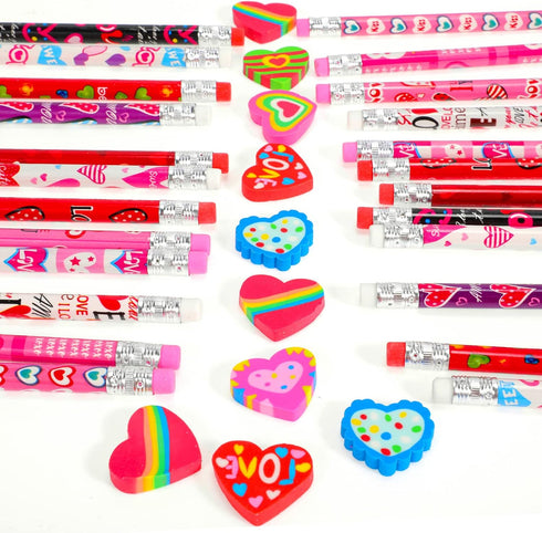 YVAINE 48 Pieces Valentine Pencils for Kids,Valentine's Day Pencils Assortment with Eraser 24 Wooden Pencils 24 Valentines Heart Eraser for Home S...