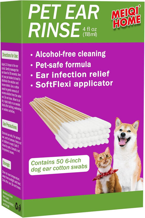 MEIQIHOME Ear Cleaner for Dogs and Cats-Soothes Ear Inflammation, Removes Wax and Odor, Includes 50 Cotton Swabs, 4 Fl oz, Cleaner for Dogs...