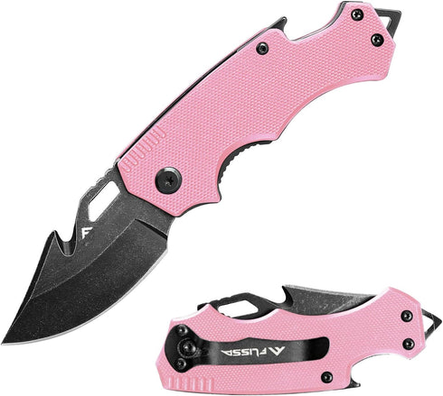 FLISSA Mini Folding Pocket Knife, 2.5-Inch Stainless Steel Drop Point Blade, EDC Pocket Knives for Women with Bottle Opener and Glass Breaker (Pin...