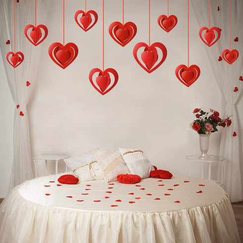 15 Pieces Valentine's Day 3D Heart Hanging Decorations Red Hearts Hanging Ornaments with Red Ribbons Party Supplies for Indoor Outdoor Bridal Show...