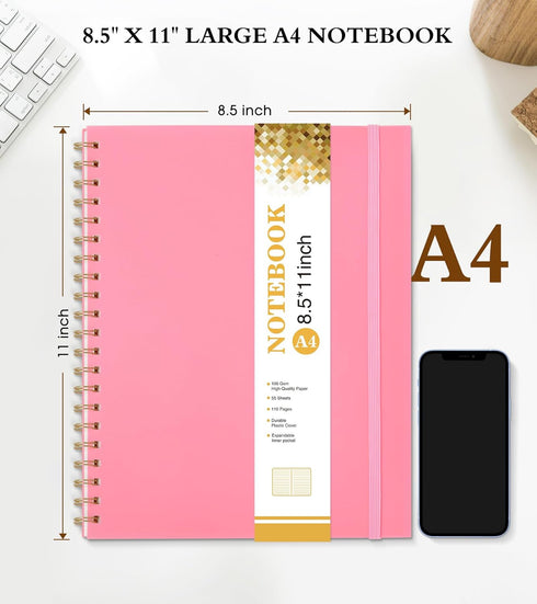 Spiral Notebook Journal 8.5” x 11”, A4 Large Pink Notebooks for Women Men, College Ruled Lined Journal, 100 GSM Paper, Plastic Hardcover Spiral Bo...