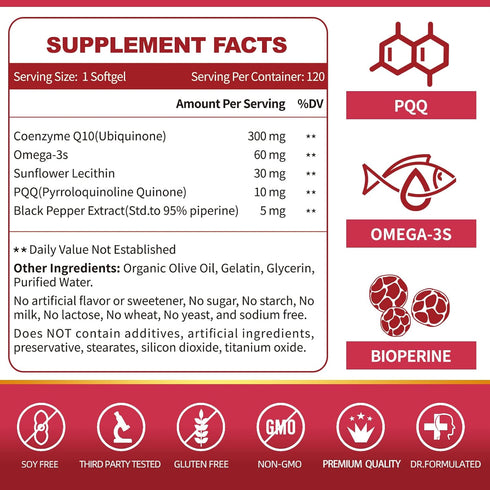 ZEBORA CoQ10-300mg-Softgels with PQQ, BioPerine & Omega-3, 120 Servings Coenzyme Q10 (Ubiquinone) Supplement for High-Absorption, Powerful-Antioxi...