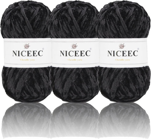 NICEEC 3 Skeins Soft Chenille Yarn Blanket Yarn for Knitting Fancy Yarn for Crochet Weaving DIY Craft Total Length 3×85m (3×93yds, 3×50g)_Black...