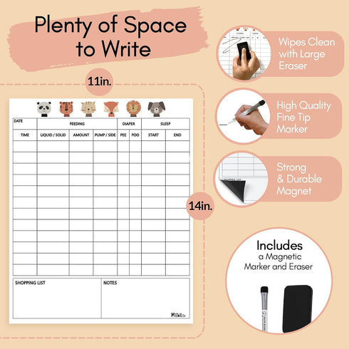 Mewl Baby Daily Log Whiteboard - Reusable Baby Tracker to Log Feeding, Diapers & Sleep - Newborn Baby Journal & Schedule Chart for New Parents, Na...
