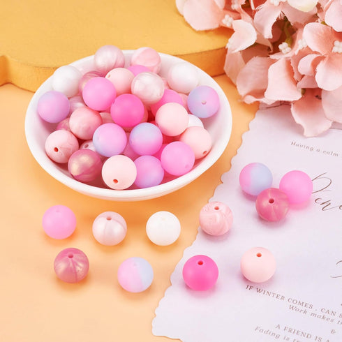 80Pcs 15mm Colorful Round Silicone Beads Pink Series Silicone Focal Beads Keychain Lanyards Beaded Pen Spacer Beads 8 Colors for DIY Jewelry Craft...