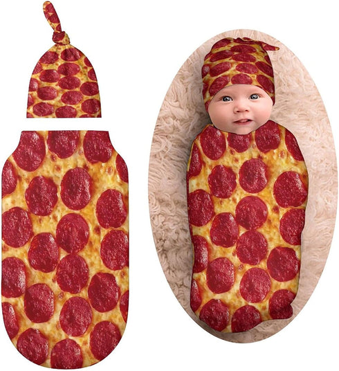 3D Funny Realistic Food Pepperoni Cheese Pizza Newborn Baby Swaddle Blanket with Beanie Hat Baby Receiving Blanket Soft Baby Sleep Sack Baby Wraps...