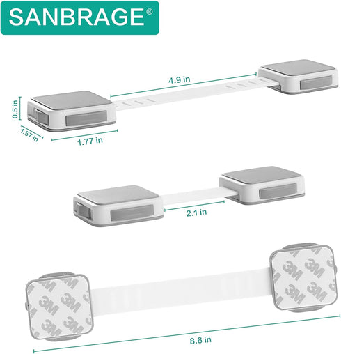 Child Safety Strap Locks (4 Pack) for Fridge, Drawers, Oven, Cabinets, Toilet, Dishwasher, Double Lock Structure, 3M Adhesive No Drilling-SANBRAGE...