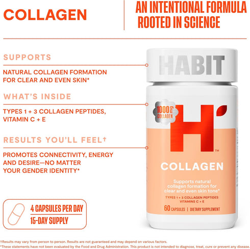 HABIT Collagen Supplement (60 Capsules) - New Look, 2000mg Collagen Peptides, Vitamin C & Vitamin E, Skin Health, Antioxidants, Non-GMO, Gluten Fr...
