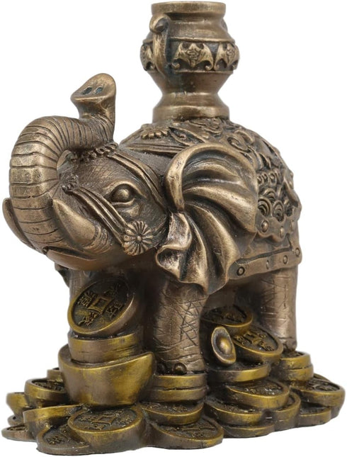 Ebros Small Feng Shui Auspicious Elephant Carrying Wealth Pot With Trunk Up Standing On Golden Coins Ingots And Nuggets Statue 4.25"Long Home Deco...