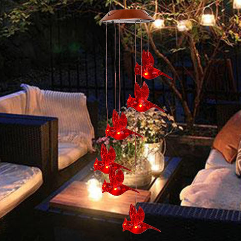 Solar Red Bird Wind Chimes, Color Changing Solar Powered Red Cardinal Bird Wind Chime Wind Moblie LED Light, Mobile Hanging Wind Chimes Portable O...