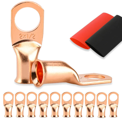 10PCS Battery Cable Ends, 2 Gauge Wire Connectors 1/2 Copper Wire Lugs, Bare Copper Eyelets with Heat Shrink Tubing by HOUSUN...