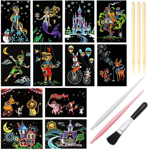 Magic Scratch Art Paper(7.9"x5.5") Rainbow Landscape Engraving Art Mini Scratchboard DIY Pads for Adults and Kids, Crafts Set: 12 Sheets Scratch P...