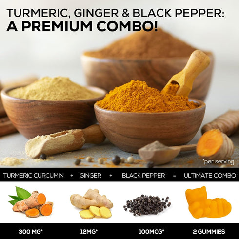 Turmeric Curcumin with Black Pepper Extract & Ginger Gummies, High Absorption Potent 95% Curcuminoids Turmeric Supplement, Nature's Tumeric Curcum...