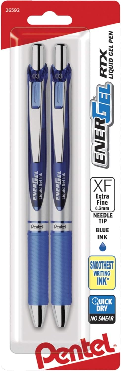 Pentel EnerGel RTX Retractable Liquid Gel Pen, 0.3 mm Needle Tip, Blue Ink, Pack of 2...