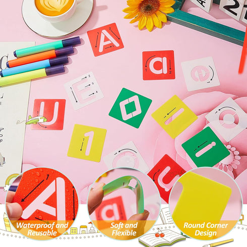 72 Pieces Preschool Letters and Numbers Alphabet Stencils Colorful Double Sided Tracing Board PET Paint Boards for Painting with 4 Pieces Craft Ma...