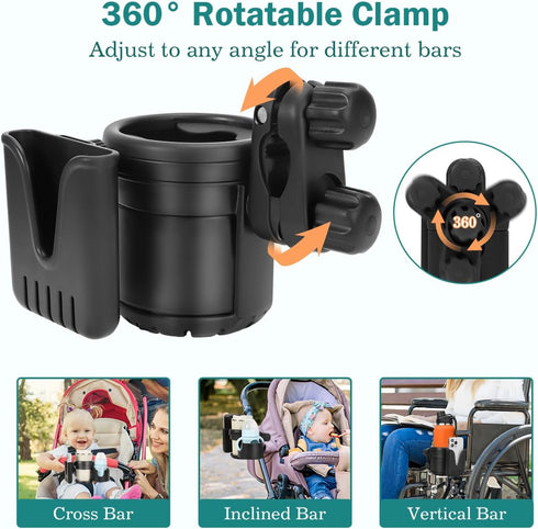 Zooawa Stroller Cup Holder with Phone Holder, 3-in-1 Removable Bottle Holder, 360 Degrees Rotation Drink Holder, Univeral Baby Bottle Organizer fo...
