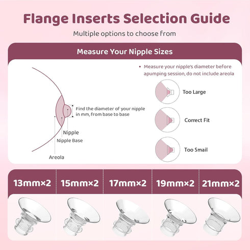 Flange Sizing Kit with 10PCS Flange Inserts 13/15/17/19/21mm, Nipple Measurement Tool Ruler, Cleaning Brush, Silicone Flange Insert Kit for 24mm M...