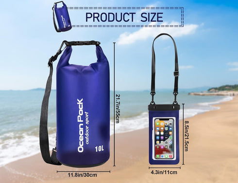 2 pieces Waterproof Dry Bag for Women and Men, 10L Roll Top Waterproof Backpack Sack with Waterproof Phone Case, for Hiking, Backpacking, Kayaking...